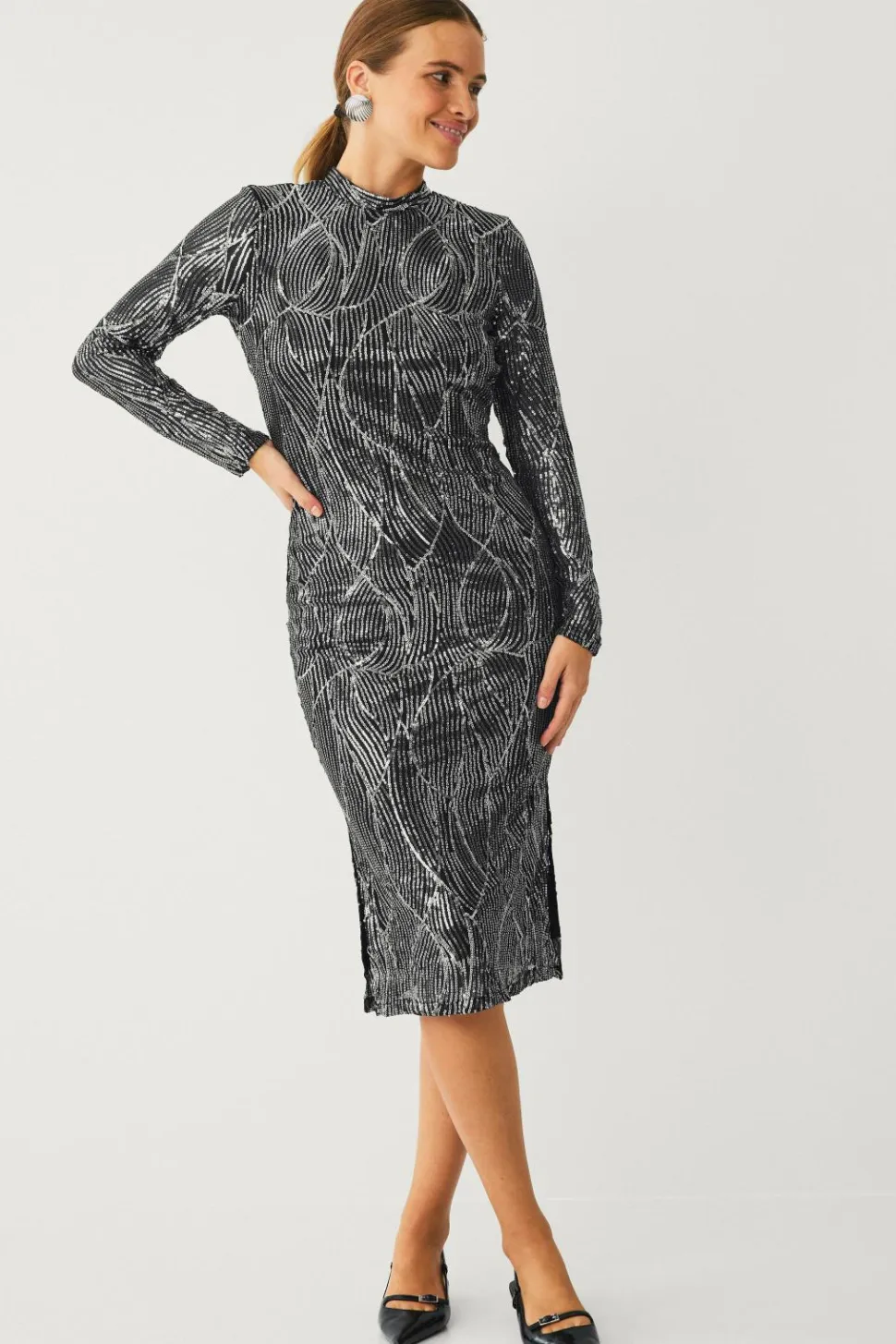 Vila Kjole viGigi Highneck Sequin L/s Midi Dress